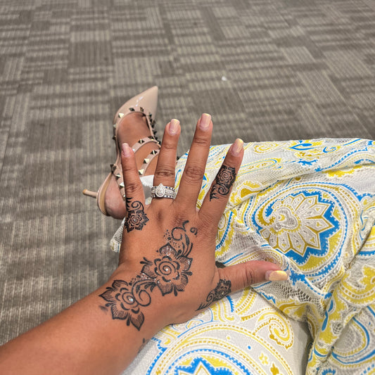 Woodland Bloom henna body art applied on skin — peel, press & reveal, lasts 3–5 days | Palace.design