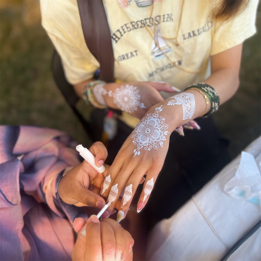 Frost henna body art applied on skin — peel, press & reveal, lasts 3–5 days | Palace.design