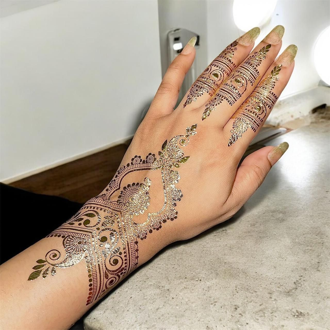 Golden Hour henna design close-up — skin-safe, water-resistant body art | Palace.design